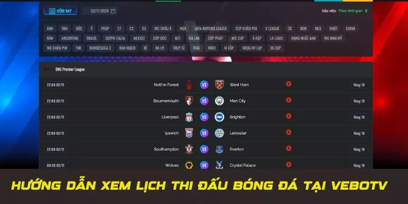 hướng dẫn xem lịch thi đấu vebotv